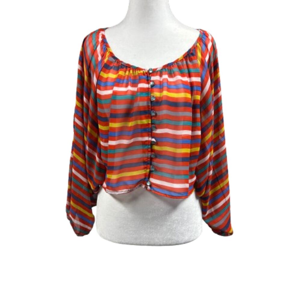 Mystic Colorful Stripe Sheer Bat Wing Sleeve Crop Button Up Blouse Sz M